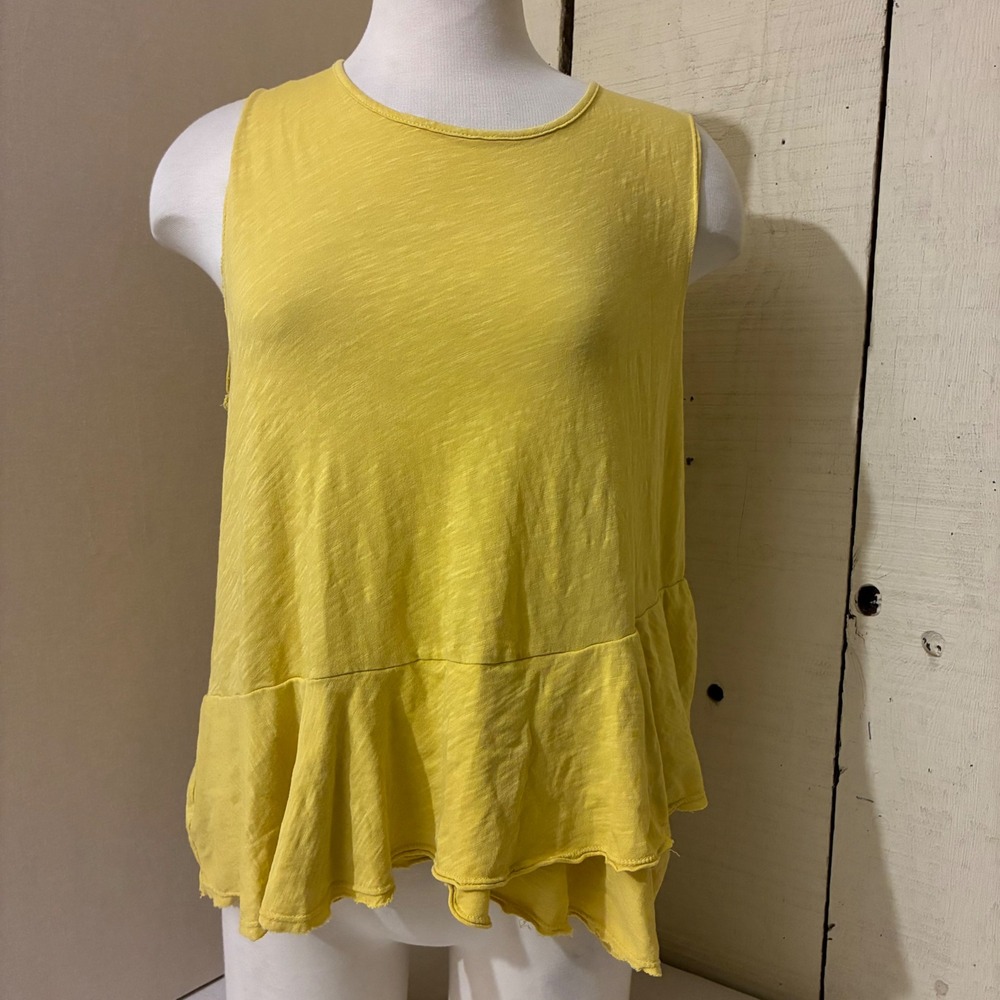 Sundry Womens Size 2 Yellow Slub Cotton Sleeveless Peplum Ruffle Top Made in USA